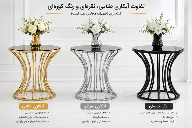 تفاوت آبکاری طلایی، نقرهای و رنگ کورهای؛ کدام برای تجهیزات مجالس بهتر است؟